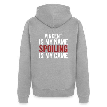 Vincent is My Name Spoiling is My Game - Unisex Premium Organic Zip Hoodie - heather grey - Back - Nico (187cm)