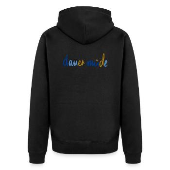 dauer müde - Unisex Premium Bio Zip Hoodie - Schwarz - Hinten - Nico (187cm)