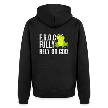 FROG Fully Rely On God Christian Frog Lover - Unisex Premium Organic Zip Hoodie - black - Back - Nico (187cm)