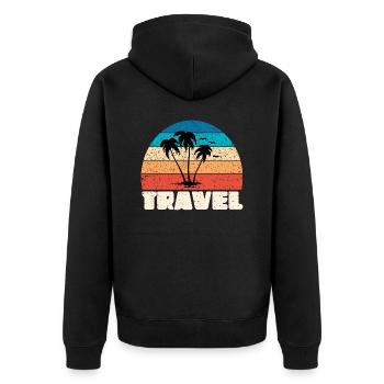 Reise Sunset in vintage Palme - Unisex Premium Bio Zip Hoodie - Schwarz - Hinten - Nico (187cm)
