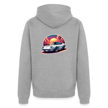 Oldtimer Sonnenuntergang - Unisex Premium Bio Zip Hoodie - Grau meliert - Hinten - Nico (187cm)