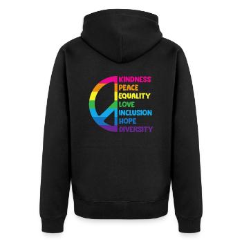 Freundlichkeit, Frieden, Gleichheit, Liebe, Inklusion, Hoffnung - Unisex Premium Bio Zip Hoodie - Schwarz - Hinten - Nico (187cm)