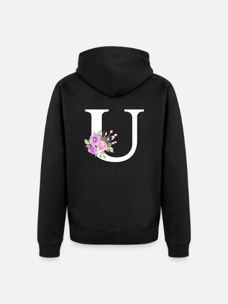 Purple floral letter u - Unisex Premium Organic Zip Hoodie - black