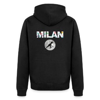 MILAN - Schöner Jungen Name mit Dinosaurier - Unisex Premium Bio Zip Hoodie - Schwarz - Hinten - Nico (187cm)