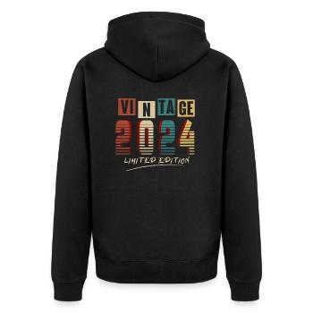 Jahrgang 2024: Limitierte Auflage - 1. Jubiläum. - Unisex Premium Bio Zip Hoodie - Schwarz - Hinten - Nico (187cm)