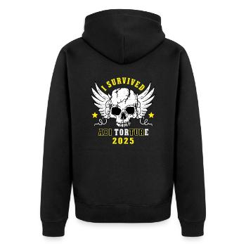 Abi 2025 - I survived Abi Torture 2025 Geschenk - Unisex Premium Bio Zip Hoodie - Schwarz - Hinten - Nico (187cm)