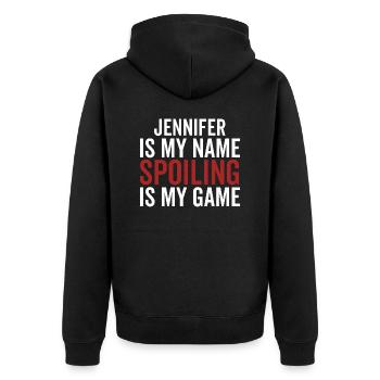 Jennifer ist mein Name Verderben ist mein Spiel - Unisex Premium Bio Zip Hoodie - Schwarz - Hinten - Nico (187cm)