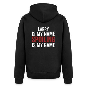 Larry ist mein Name Verderben ist mein Spiel - Unisex Premium Bio Zip Hoodie - Schwarz - Hinten - Nico (187cm)