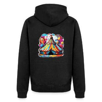 Zirkuszelt / Manege / Unterhaltung / Artisten - Unisex Premium Bio Zip Hoodie - Schwarz - Hinten - Nico (187cm)