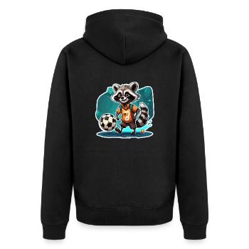 Fußball Waschbär / Tier / Fußball / Tor / Sport - Unisex Premium Bio Zip Hoodie - Schwarz - Hinten - Nico (187cm)