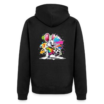 Fußball Hase / Tier / Fußball / Tor / Sport - Unisex Premium Bio Zip Hoodie - Schwarz - Hinten - Nico (187cm)