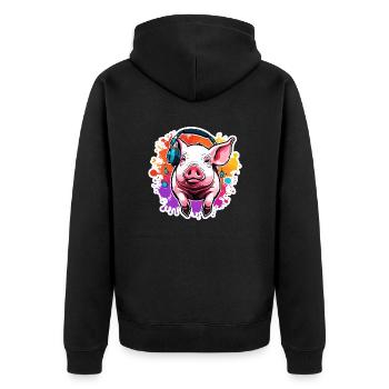 Kopfhörer / Audio / Musik / Tier / Schwein / cool - Unisex Premium Bio Zip Hoodie - Schwarz - Hinten - Nico (187cm)