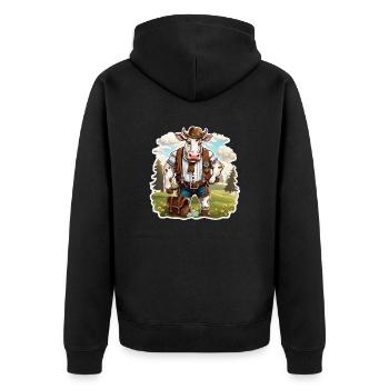 Lederhose / Tier / Tracht / Tradition / Kuh - Unisex Premium Bio Zip Hoodie - Schwarz - Hinten - Nico (187cm)