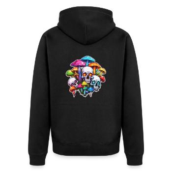 Pilz / Mushroom / Wiese / Wald / Goa / Psy - Unisex Premium Bio Zip Hoodie - Schwarz - Hinten - Nico (187cm)