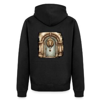 Löwenkopf / Türklopfer / Klingel / Antik / alt - Unisex Premium Bio Zip Hoodie - Schwarz - Hinten - Nico (187cm)