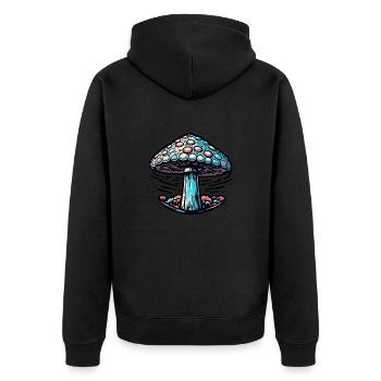 Pilz / Mushroom / Wiese / Wald / Goa / Psy - Unisex Premium Bio Zip Hoodie - Schwarz - Hinten - Nico (187cm)