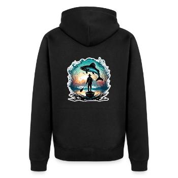 Angler Siluette / angeln / Fisch / See / Sport - Unisex Premium Bio Zip Hoodie - Schwarz - Hinten - Nico (187cm)
