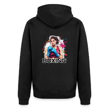 Boxerin / Sport / Kampf / Arena / Boxring / Fäuste - Unisex Premium Bio Zip Hoodie - Schwarz - Hinten - Nico (187cm)