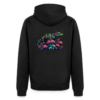 Psychedelischer Gecko mit Pilzen - Unisex Premium Bio Zip Hoodie - Schwarz - Hinten - Nico (187cm)