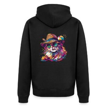 Katze mit Strandhut Sommer - Unisex Premium Bio Zip Hoodie - Schwarz - Hinten - Nico (187cm)