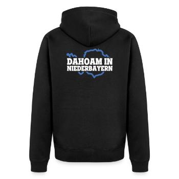 dahoam in niederbayern Bayern Spruch - Unisex Premium Bio Zip Hoodie - Schwarz - Hinten - Nico (187cm)