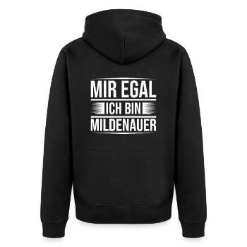 Mir egal Mildenau - Unisex Premium Bio Zip Hoodie - Schwarz - Hinten - Nico (187cm)
