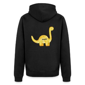 Geburtstagsaufdruck, Dino, gelb - Unisex Premium Bio Zip Hoodie - Schwarz - Hinten - Nico (187cm)