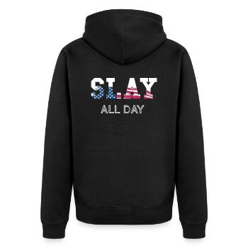 slay all day - independence day America - Unisex Premium Bio Zip Hoodie - Schwarz - Hinten - Nico (187cm)