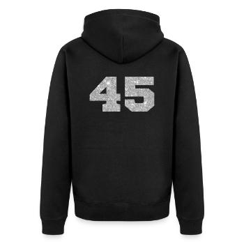 Nummer 45 Silberner Glitzer - 45-jähriges Jubiläum - Unisex Premium Bio Zip Hoodie - Schwarz - Hinten - Nico (187cm)