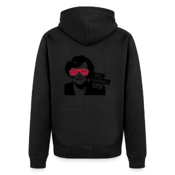 Angela Merkel Wir rocken schaffen das Spruch Party - Unisex Premium Bio Zip Hoodie - Schwarz - Hinten - Nico (187cm)
