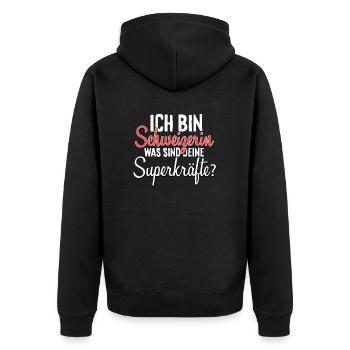 Ich bin Schweizerin - Unisex Premium Bio Zip Hoodie - Schwarz - Hinten - Nico (187cm)