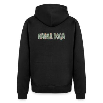 hatha yoga schriftzug e 211 - Unisex Premium Bio Zip Hoodie - Schwarz - Hinten - Nico (187cm)