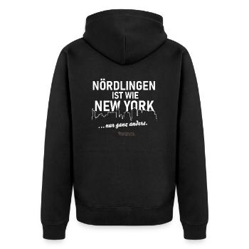 Nördlingen ist wie New York - Unisex Premium Bio Zip Hoodie - Schwarz - Hinten - Nico (187cm)