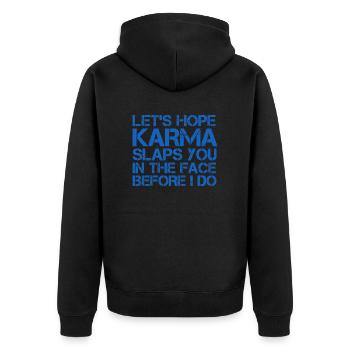KARMA SCHLÄGT DIR INS GESICHT - Unisex Premium Bio Zip Hoodie - Schwarz - Hinten - Nico (187cm)