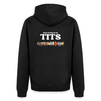 "Funny Bird T-Shirt - Stop Staring at My Tits" - Unisex Premium Organic Zip Hoodie - black - Back - Nico (187cm)