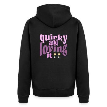 Quirky and loving it in pink - Unisex Premium Bio Zip Hoodie - Schwarz - Hinten - Nico (187cm)