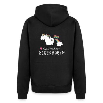 Einhorn Tank Top Damen - Küss mich am Regenbogen - Unisex Premium Bio Zip Hoodie - Schwarz - Hinten - Nico (187cm)
