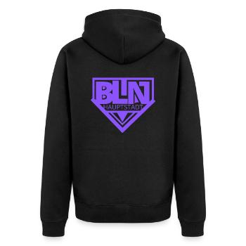 Berlin BLN Hauptstadt Purple - Unisex Premium Bio Zip Hoodie - Schwarz - Hinten - Nico (187cm)