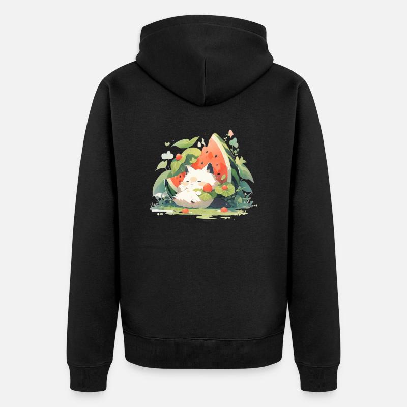 Mignon Kawaii Chat Pastèque Nourriture - Veste à capuche bio Premium Unisexe - noir