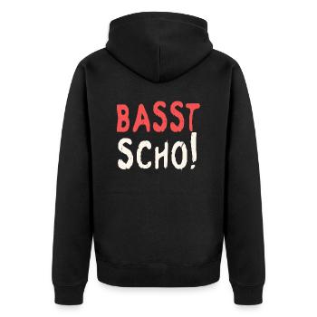 Basst scho rot baige text - Unisex Premium Bio Zip Hoodie - Schwarz - Hinten - Nico (187cm)