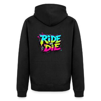 Skateboarder Ride or Die – Urban Neon Motiv - Unisex Premium Bio Zip Hoodie - Schwarz - Hinten - Nico (187cm)