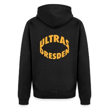 Ultras - Dresden -Ringmotiv - Unisex Premium Bio Zip Hoodie - Schwarz - Hinten - Nico (187cm)
