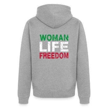 Woman Life Freedom Iran - Unisex Premium Organic Zip Hoodie - heather grey - Back - Nico (187cm)