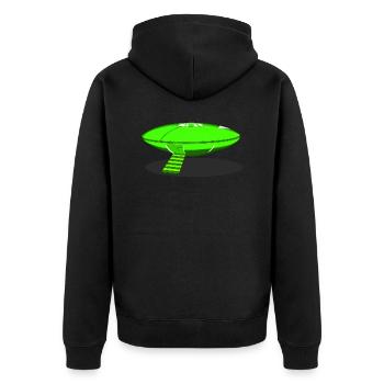 UFO Sports Grün von Area51 Paranormal Zeichnung 2022 - Unisex Premium Bio Zip Hoodie - Schwarz - Hinten - Nico (187cm)