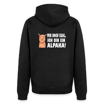 Alpaka, Mir doch egal, Spruch - Unisex Premium Bio Zip Hoodie - Schwarz - Hinten - Nico (187cm)