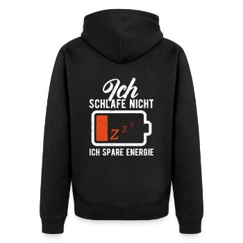 ICH SCHLAFE NICHT. ICH SPARE ENERGIE. - Unisex Premium Bio Zip Hoodie - Schwarz - Hinten - Nico (187cm)