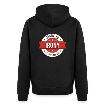 Made in the factory of irony - Unisex Premium Organic Zip Hoodie - black - Back - Nico (187cm)