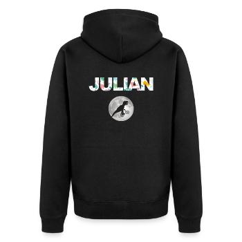 JULIAN - Schöner Jungen Name mit Dinosaurier - Unisex Premium Bio Zip Hoodie - Schwarz - Hinten - Nico (187cm)