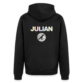 JULIAN - Schöner Jungen Name mit Dinosaurier - Unisex Premium Bio Zip Hoodie - Schwarz - Hinten - Nico (187cm)