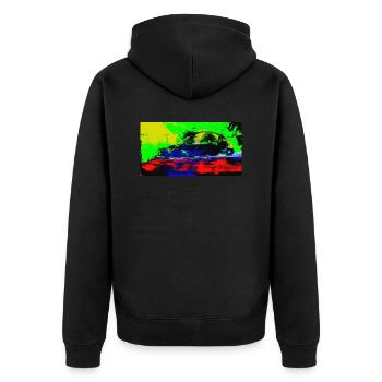 Neon Abstract Retro Car Design Coop Artist BiBi-2 - Unisex Premium Bio Zip Hoodie - Schwarz - Hinten - Nico (187cm)